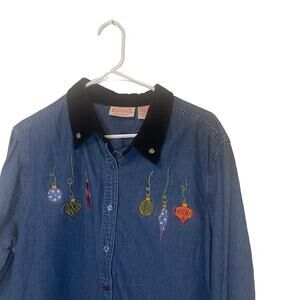 Basic Editions Holiday Vintage 90s Women XL Christmas Embroidered Denim Top